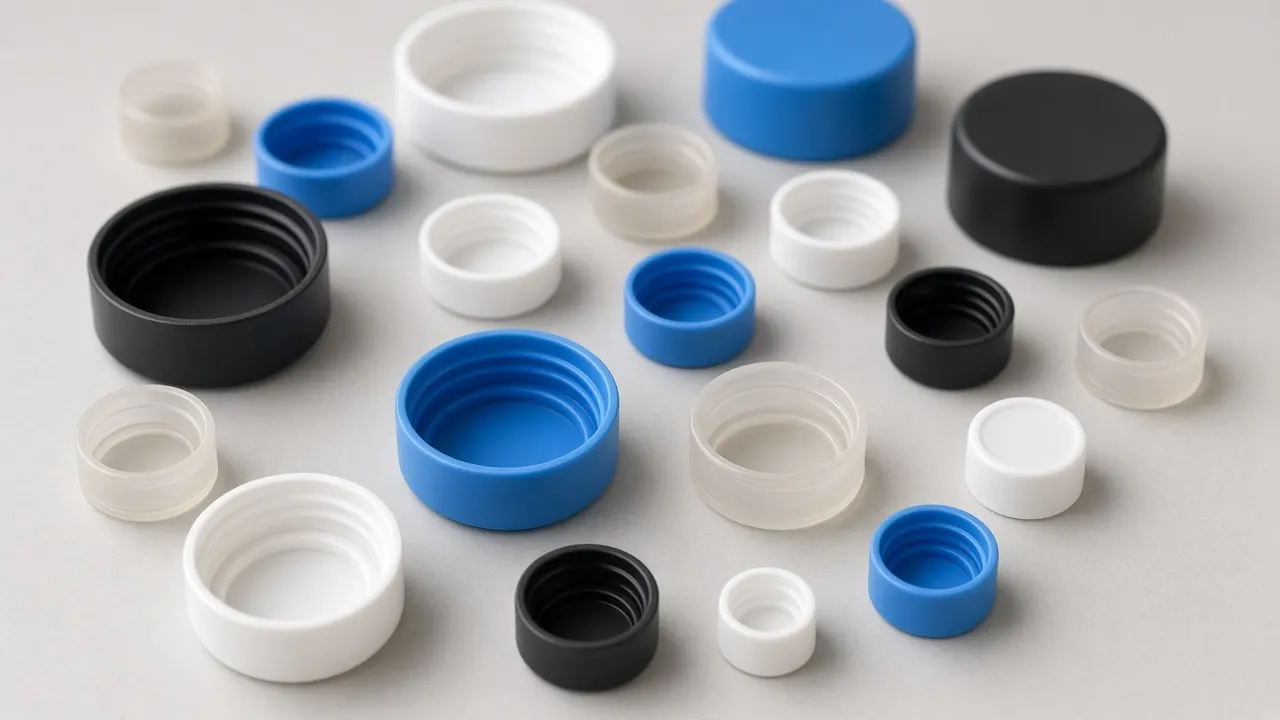 Assorted plastic screw caps in white, blue, black and natural, in several neck sizes