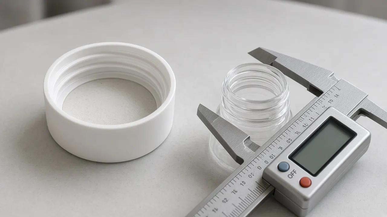 White screw cap showing internal threads beside a digital caliper measuring a clear bottle neck