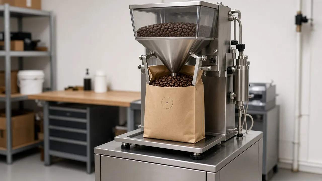 Compact coffee bean weighing and filling machine filling a kraft bag with a degassing valve