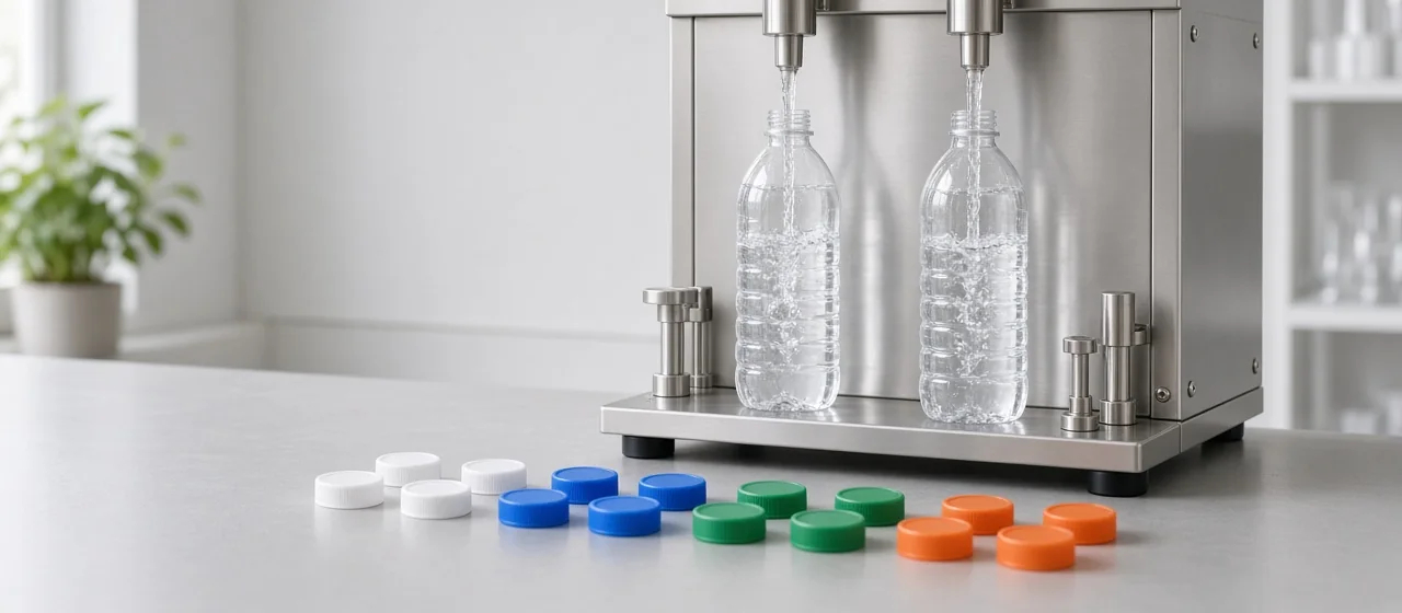 Compact stainless steel liquid filling machine filling two clear PET bottles, with rows of white, blue, green and orange plastic screw caps in front