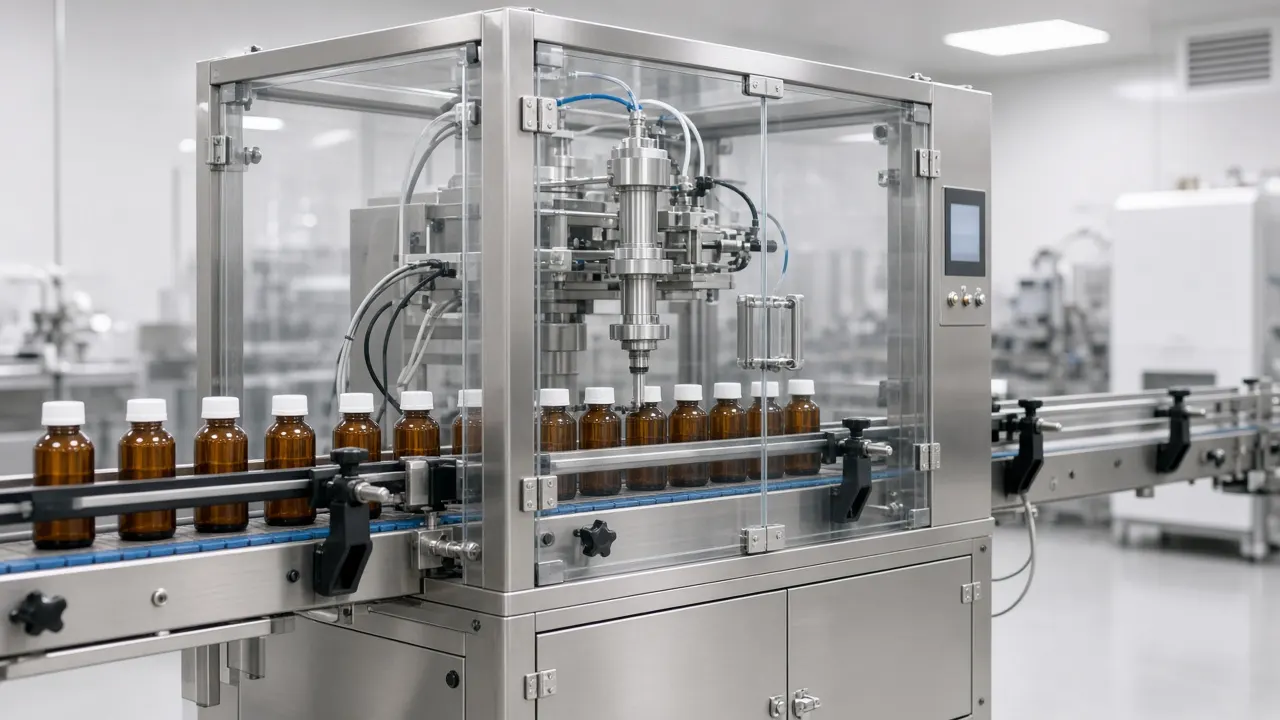 Automatic capping machine fitting white screw caps on amber bottles along a conveyor