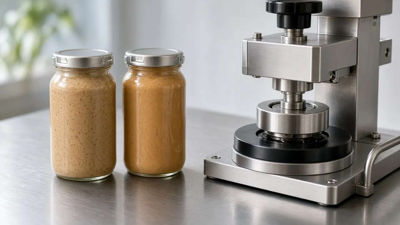 Glass jars of sesame paste and peanut butter with metal lug caps beside a small jar capping machine