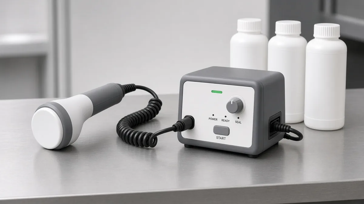Example handheld induction cap sealer with a control unit, next to capped white bottles