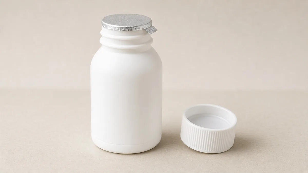 White HDPE bottle with an aluminium foil induction seal and lift tab on the neck, cap beside it